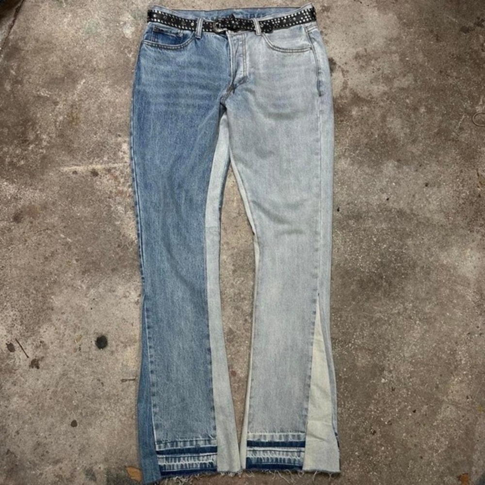 MNML 1/2 light 1/2 dark wash reworked flared denim jeans Sz 34 x 35
